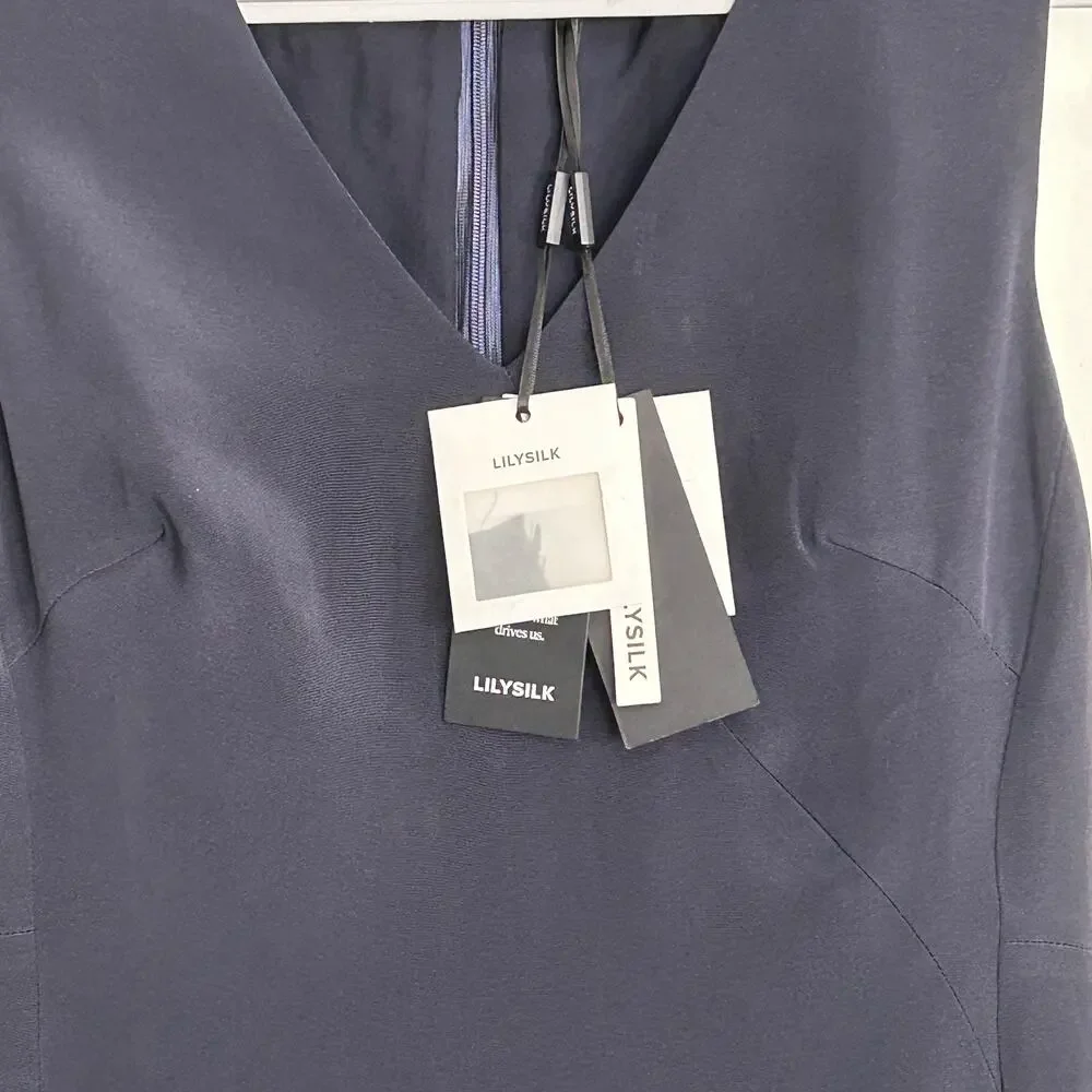 Lilysilk Navy Blue 100% Mulberry Silk Casual Career Sleeveless Dress NWT Size 4 - Picture 8 of 11
